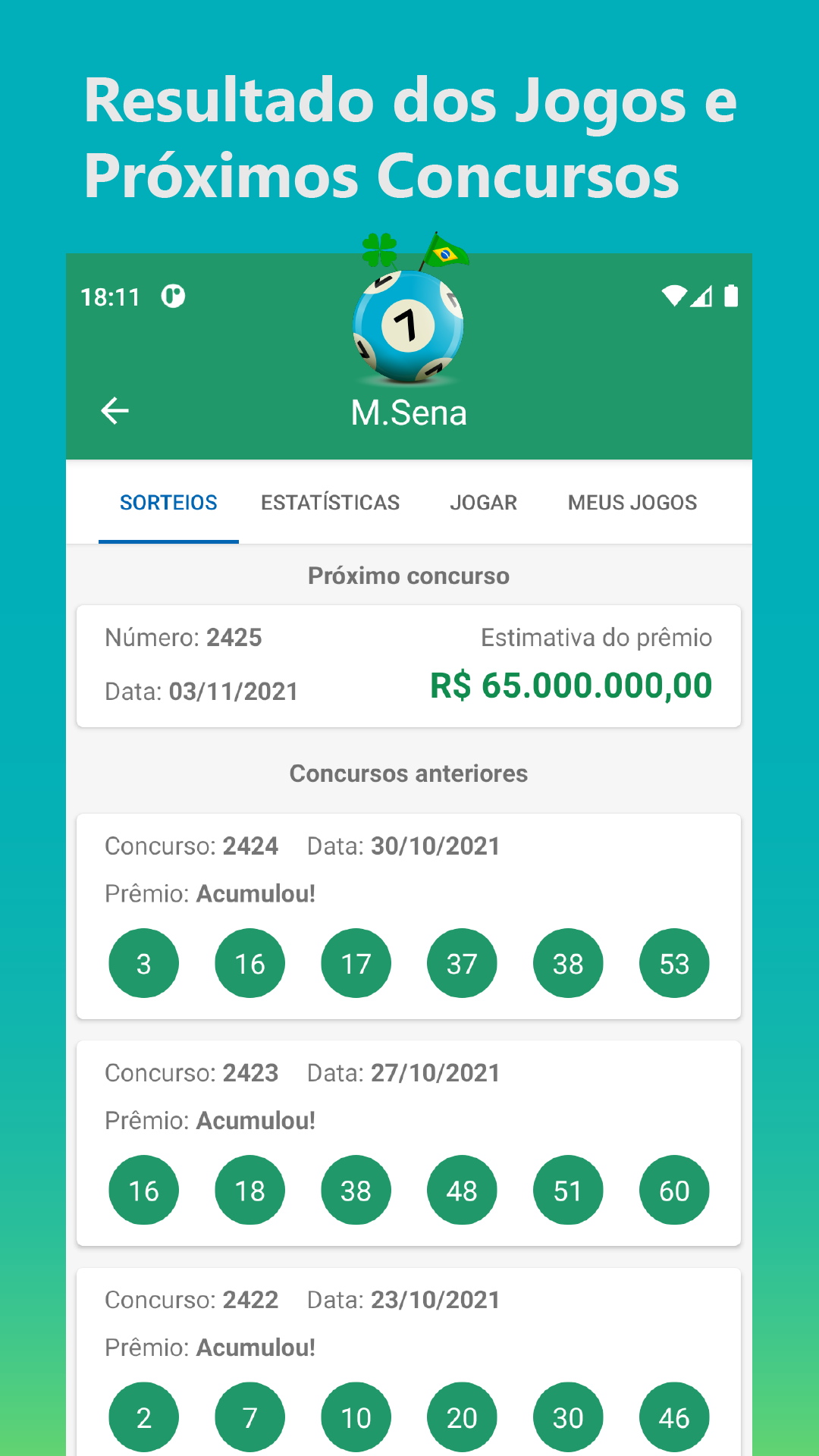 Tela de resultados e próximos concursos no LotoBrasa